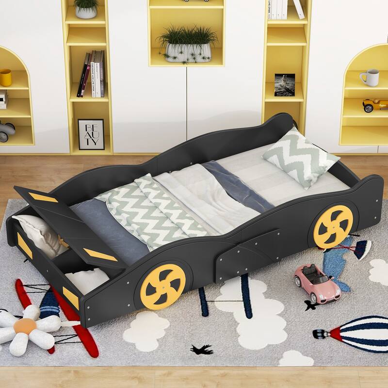 Pine Race Car Bed with Wheels & Storage - Black - Twin
