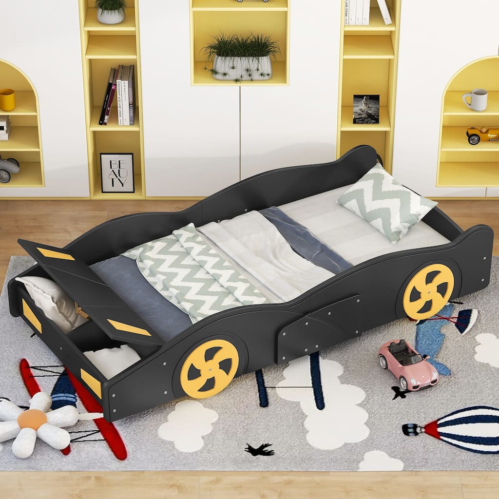 Race Car-Shaped Twin Platform Bed with Wheels, Storage, Black+Yellow