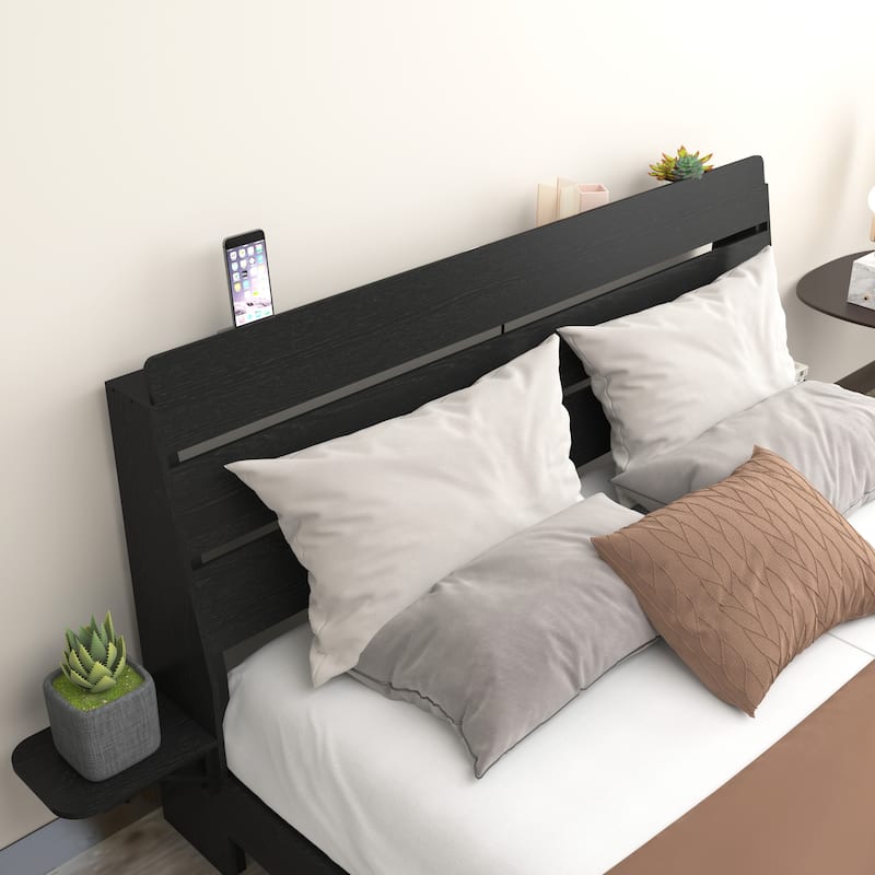 Wood Queen Size Floating Bed Frame with Led Lights, Foldable Side Tabletop and Storage Headboard Built-in Charging Station