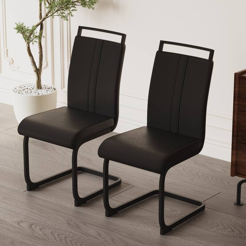 Modern Style Faux Leather High Back Dining Chairs Set of 2 with Black Metal Legs for Dining Room - Black