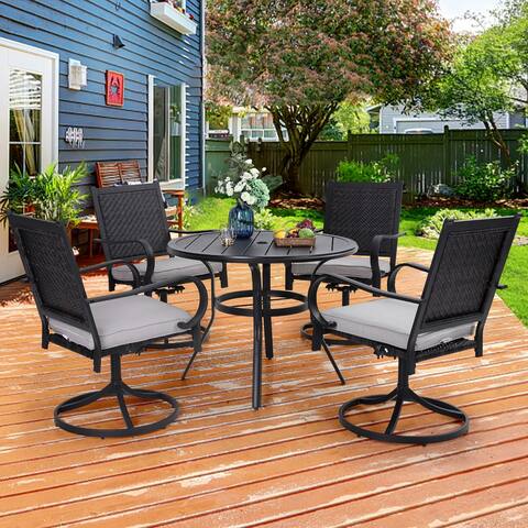 5-piece Patio Dining Set, 4 Rattan Swivel Chairs with Cushion and 1 Metal Table with Umbrella Hole