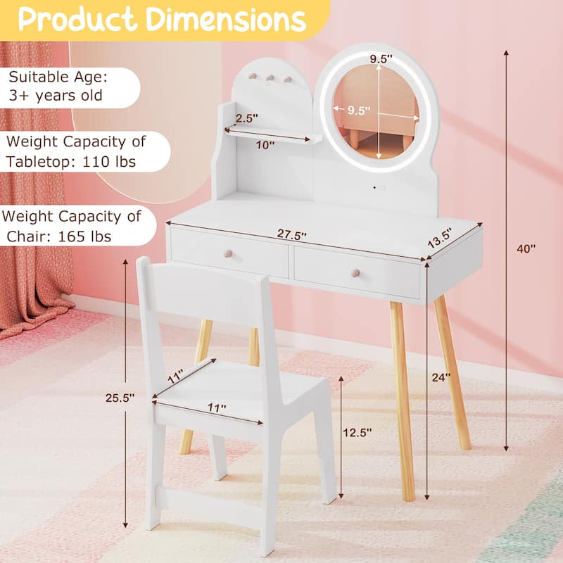 Gymax Kids Vanity Set w/ Lighted Mirror Princess Makeup Dressing Desk
