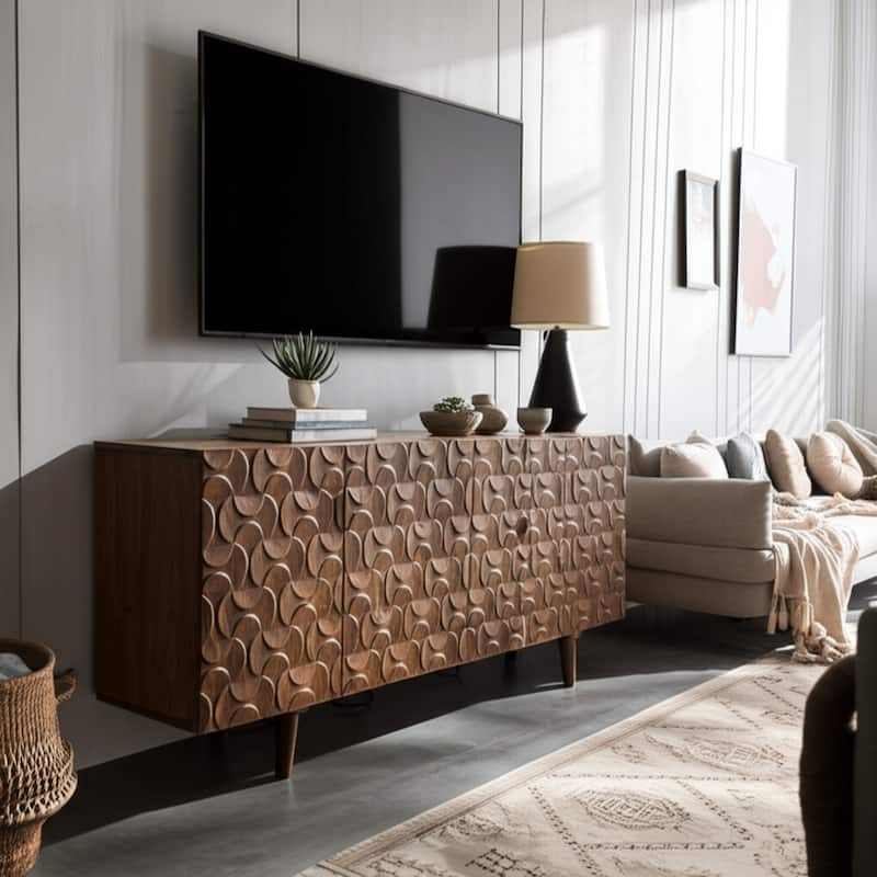 Mango Wood Cabinet with Geometric Carved Front Finish - 63" Brown - 63" x 15" x 29.5"