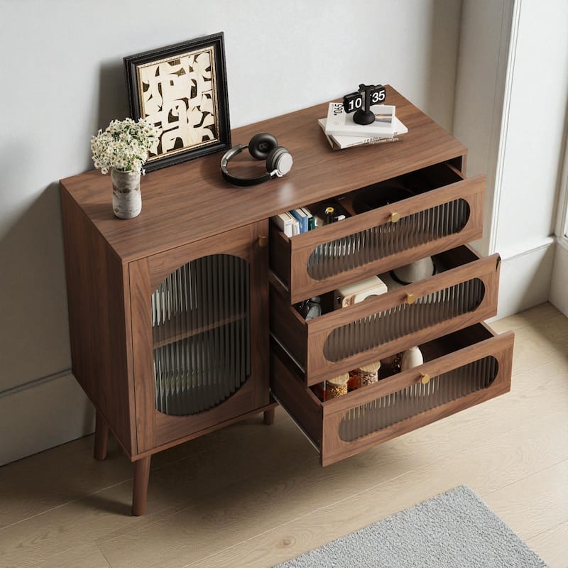 Natural Wood Accent Cabinet with 3 Drawers and Door, Storage Sideboard with Shelves for Living Room or Entryway