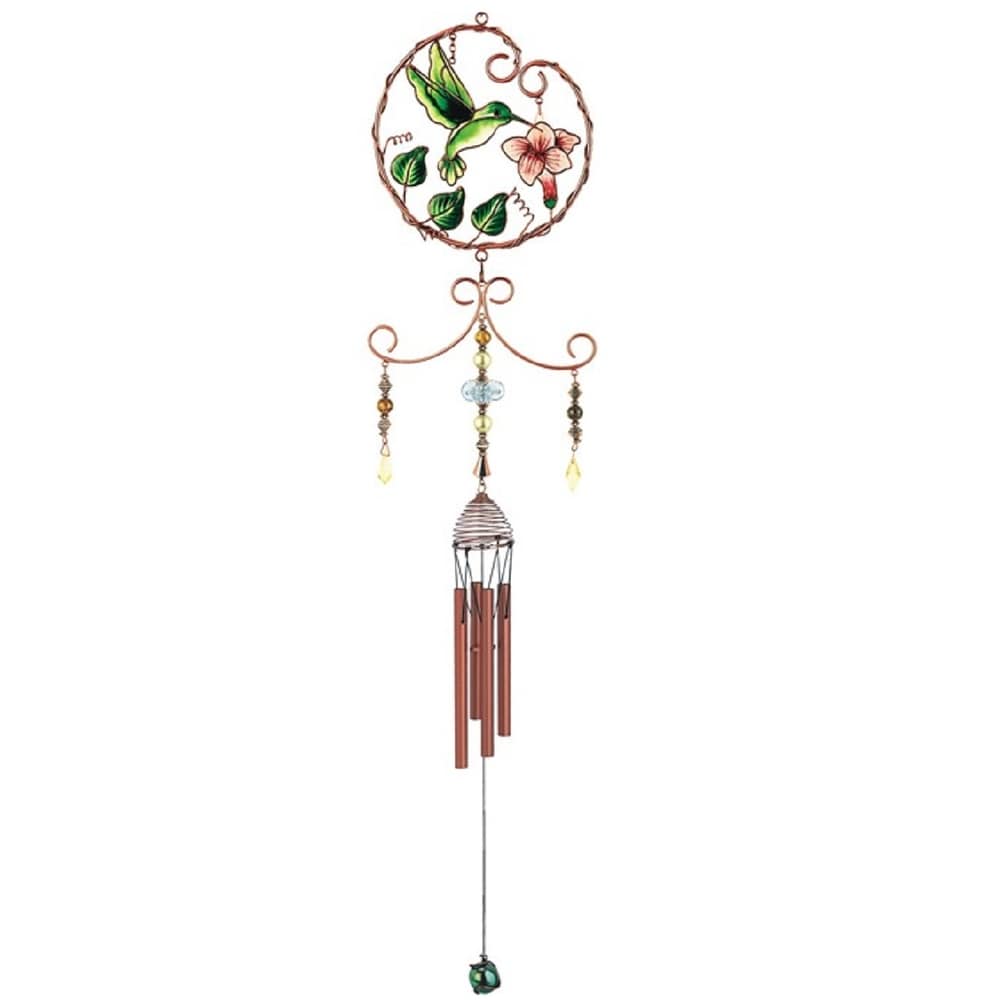 Lbk Furniture Hummingbird With Flower 33" Copper And Gem Wind Chime For Indoor And Outdoor Hanging Decoration Garden Patio Porch