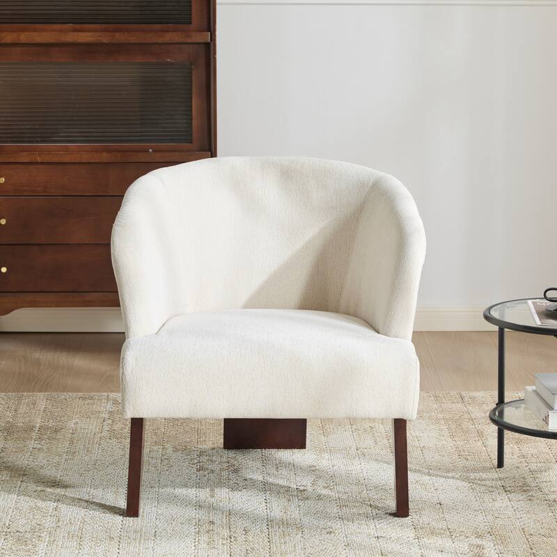 Modern Accent Chair with Round Back & Wooden Legs - Mid-Century Inspired Lounge Chair - Soft Fabric Upholstery