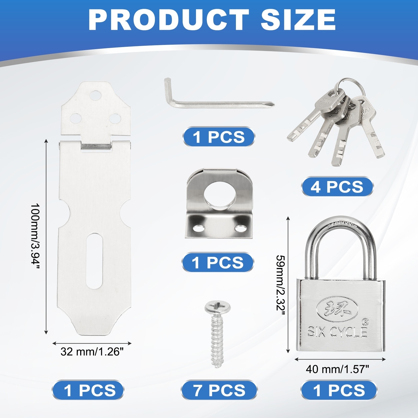 Stainless Steel Padlock Hasp, Door Slide Latch Locks Safety Packlock Clasp with Single Silver Lock and Screws