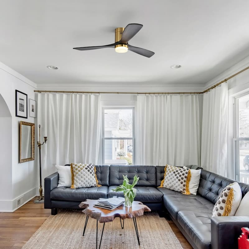 52 Inch Flush Mount Wood Blades White Ceiling Fan Reverse Airflow,6 Wind Speed,Remote Control