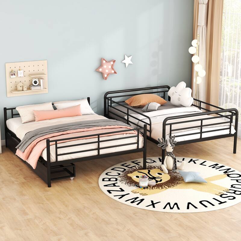 Contemporary Full XL Over Queen Bunk Bed with 2 Storage Drawers, Iron Frame, and Safety Guardrails