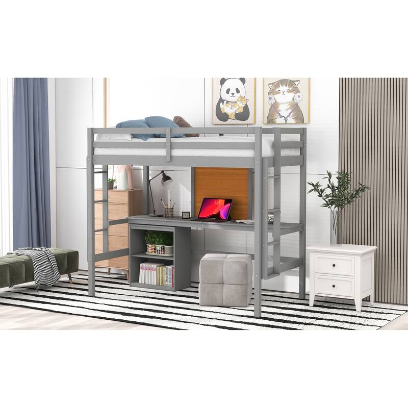 Twin Size Loft Bed with Desk, Writing Board, and 2 Drawers Cabinet - Gray