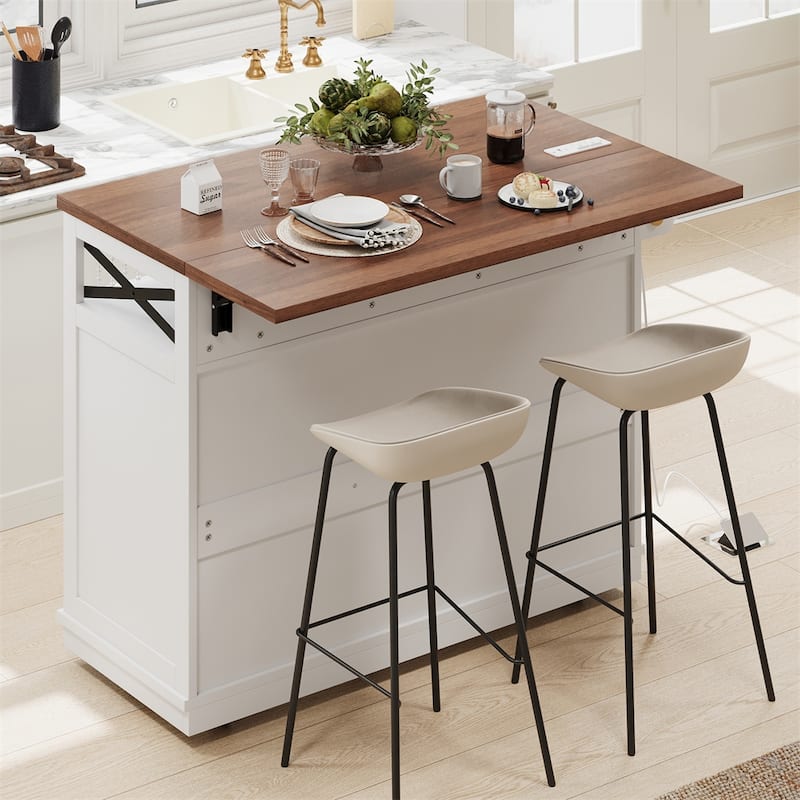 46.5'' Kitchen Island w/Drape of Beads,Rolling Kitchen Cart on Wheels - White
