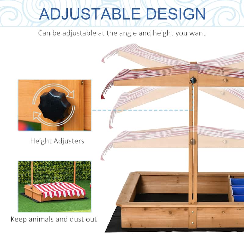 Outsunny Kids Sandbox with Cover and Adjustable Canopy, Children's Wooden Sandbox Backyard Toy - 42.25" x 42.25" x 43.25"