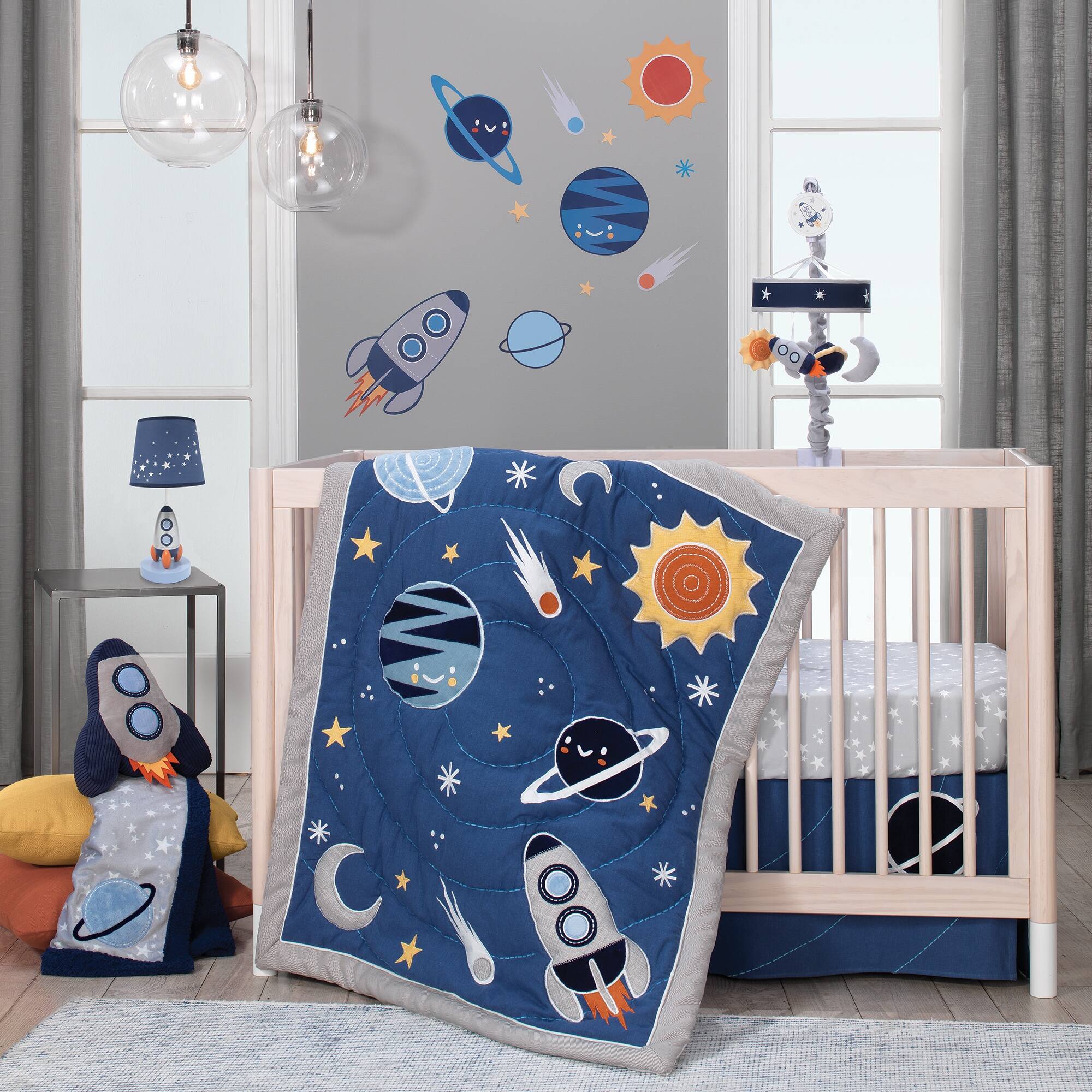 Lambs & Ivy Milky Way Blue/Gray Celestial Space with Rocket and