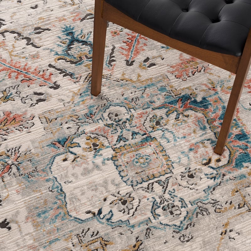 Traditional Persian Oriental Distressed Teal Turquoise Ivory Grey Orange Area Rug