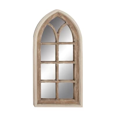 Wood Window Pane Inspired Room Wall Mirror with Arched Top and Distressing - Brown - Roche River Decor
