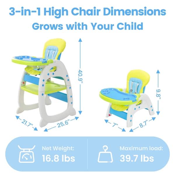 Baby High Chair,3 in 1 Highchair, Convertible Toddler Eating Chair for 6 Months to 6 Years, with Adjustable Tray