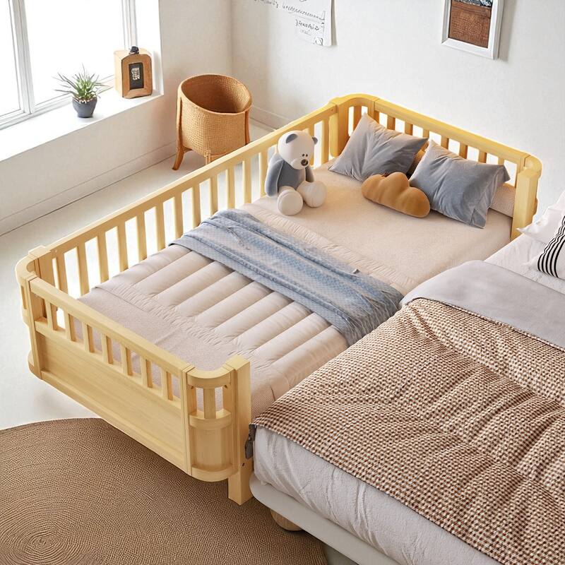 Wood Platform Bed with Guardrails & Detachable Fence, Twin/Full/Twin XL/Queen Size Kids Bed, Safety Design, No Box Spring