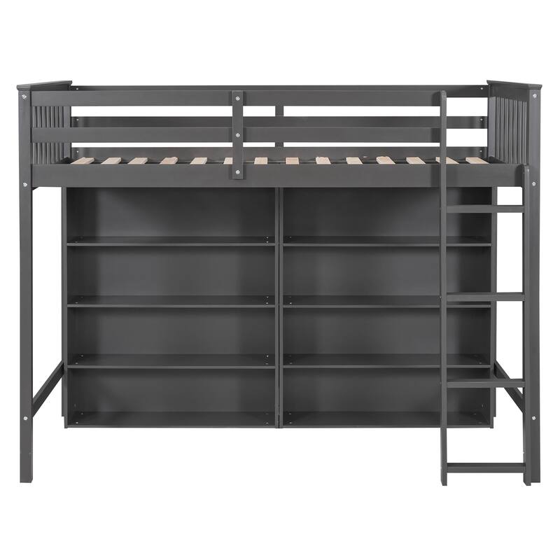 Loft Bed with All-in-One 8 Open Storage Shelf and 4 Step Ladder, Wood Loft Bed Slat Support for Kids Teens