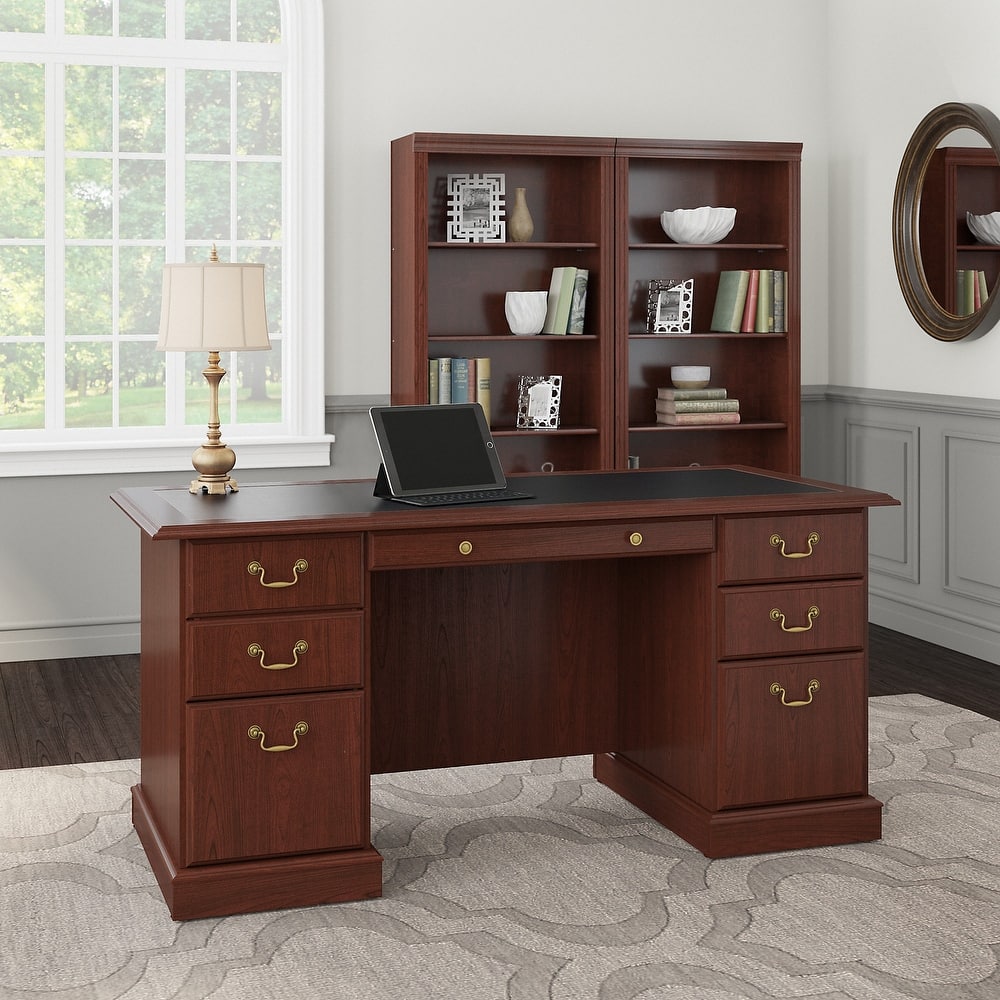 Saratoga Executive Desk and Two 5 Shelf Bookcases in Cherry - Black/Cherry Finish - 66.00"L x 29.45"W x 71.54"H