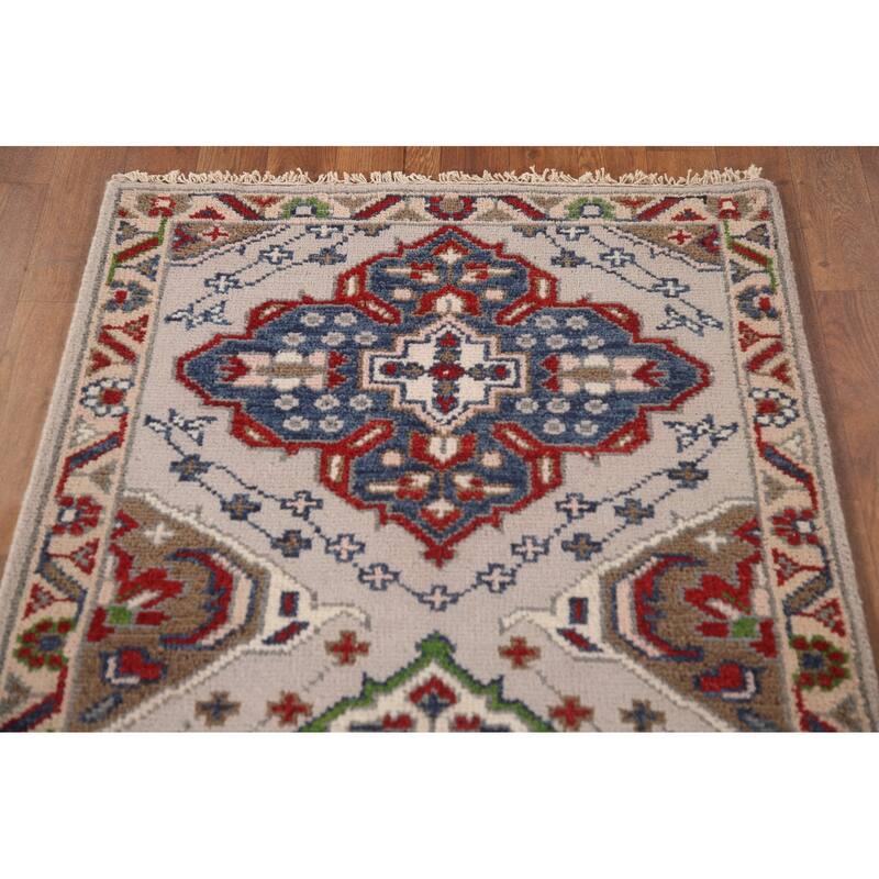 Geometric Grey Kazak Runner Rug Hand-Knotted Oriental Wool Carpet - 2'7"x 9'10"