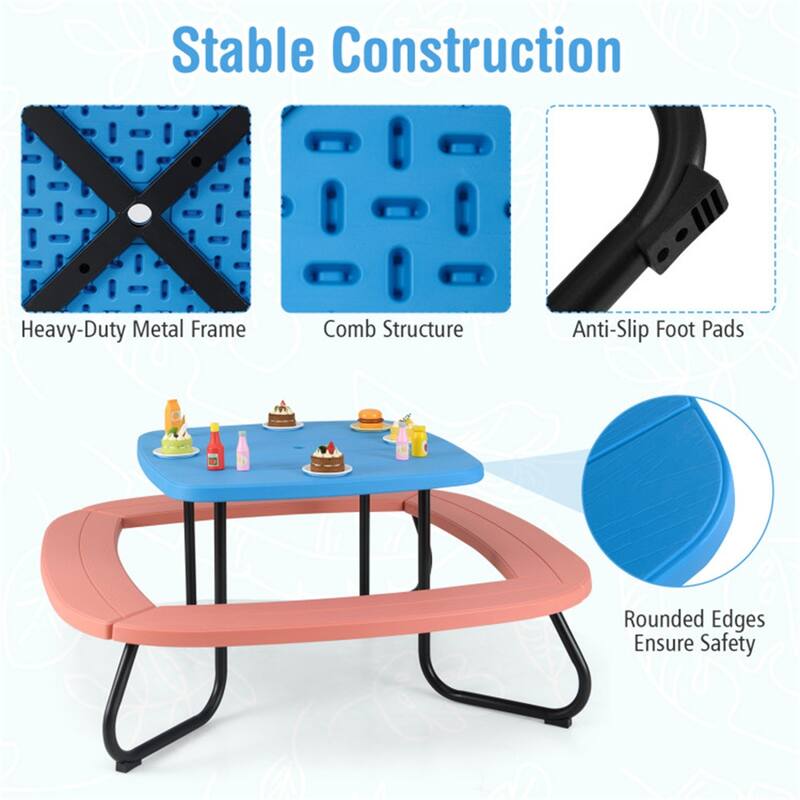 Kids Outdoor Picnic Table with Adjustable Umbrella and Benches Metal Frame and Weather-Resistant Surface - 49" × 49" × 39"-63"