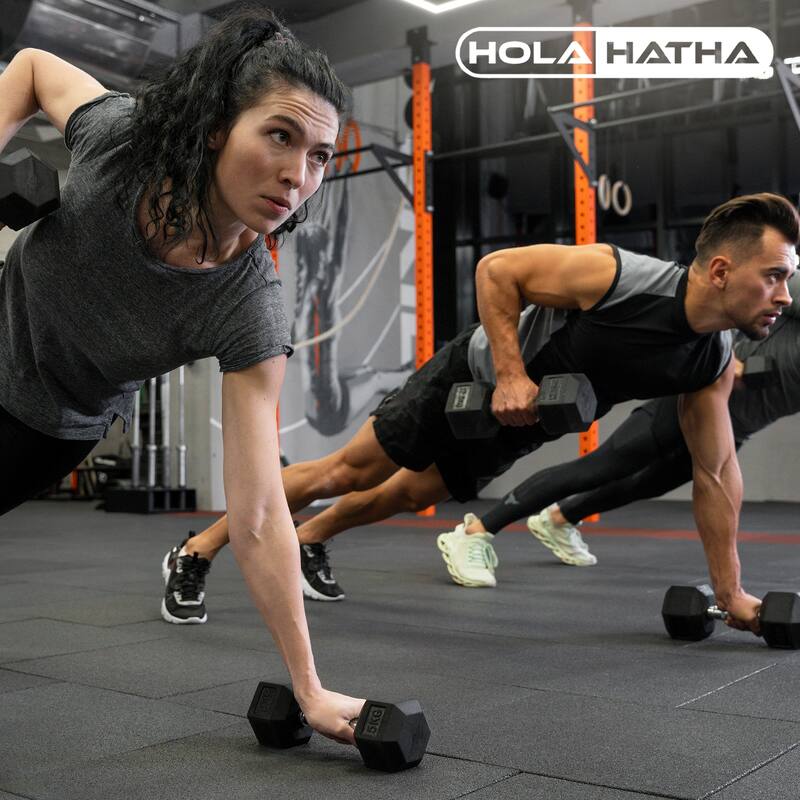 HolaHatha Hexagonal Dumbbell Free Hand Weight Set w/ Rack, 5, 8, & 10 Lbs, Black