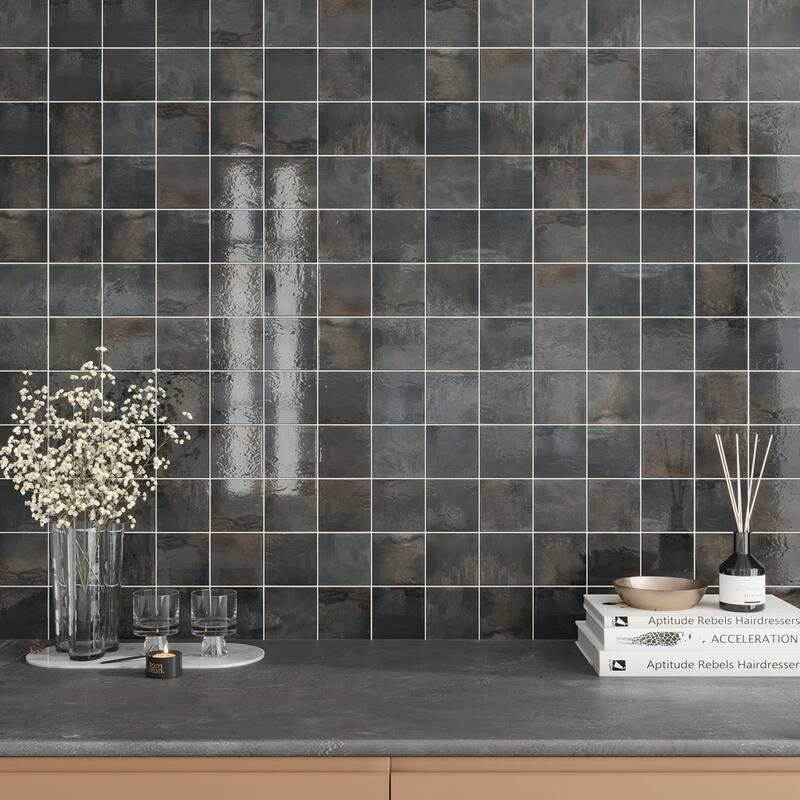 Apollo tile 4" x 4" Antiek Glossy Black Ceramic Tile (6.46 sq ft/case) - 60 Pack