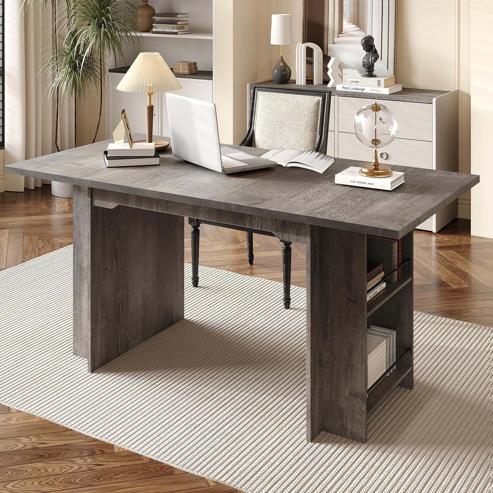 Rectangle Kitchen Table with Side Storage Shelves,63 Inch Farmhouse Dining Table for 4-6 People