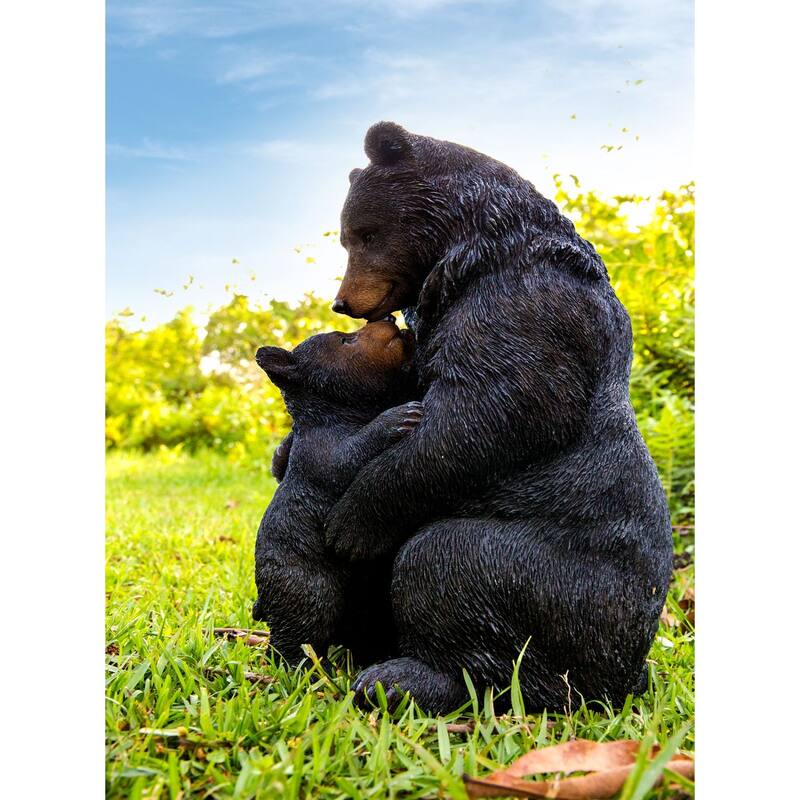 11.75" Black Cuddling Mother and Baby Bear Outdoor Garden Statue