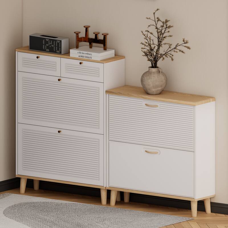 Narrow Shoe Cabinet with 2 Flip-Up Doors & 2 Drawers, Freestanding Entryway Shoe Organizer, Shoe Rack with Natural Wood Legs