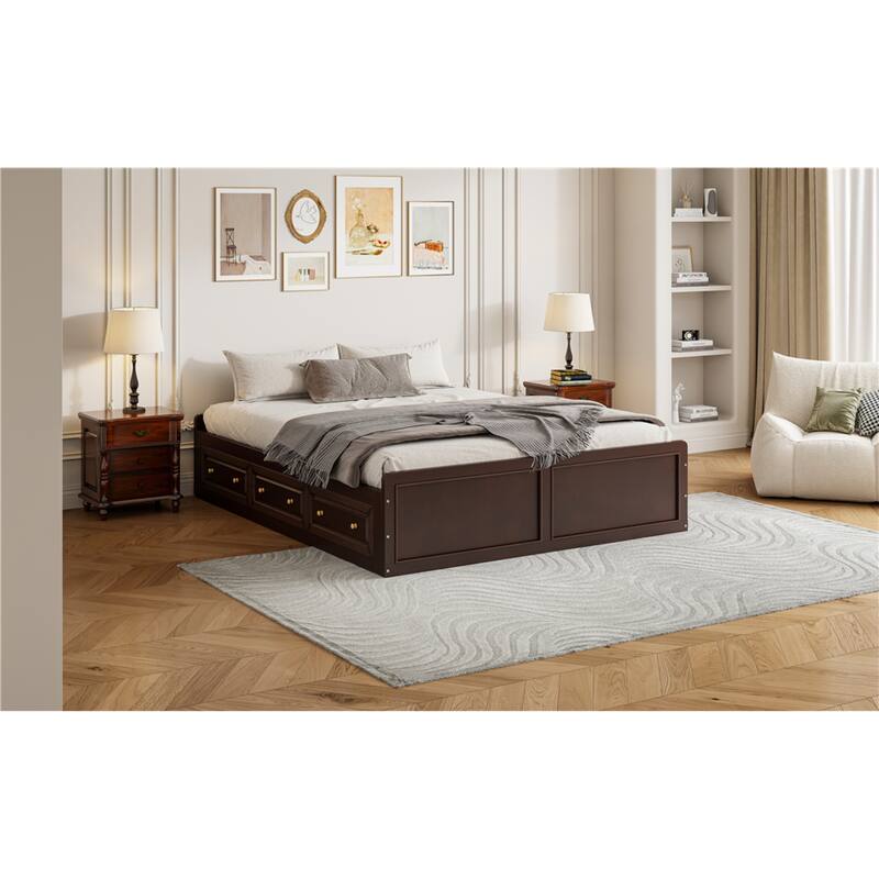 Roomfitters Queen Size Wood Platform Bed with 6 Storage Drawers, Solid Pine