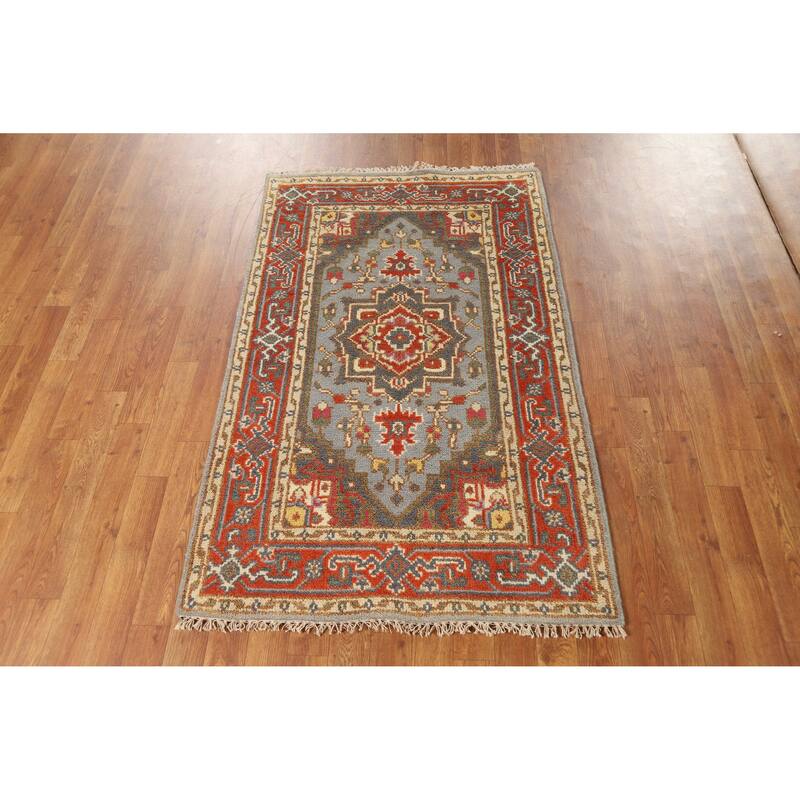 Hand Knotted Oriental 100% Wool Carpet Traditional Medallion Greys & Charcoal Heriz (serapi) Area Rug - 4' 11'' X 3' 0''