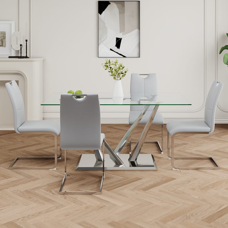 63" Glass Dining Table Set for 4, 5 Piece Dining Table and Chairs Set, Rectangular Table with 4 Faux Leather Chairs & Metal Legs