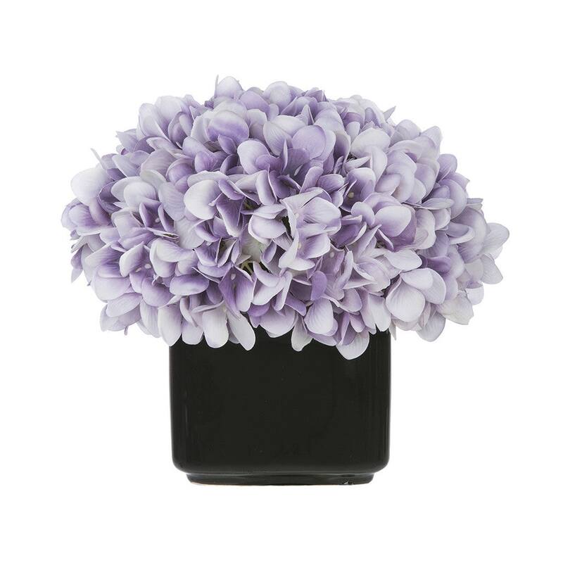 Faux Hydrangea in Small Black Cube Ceramic Vase