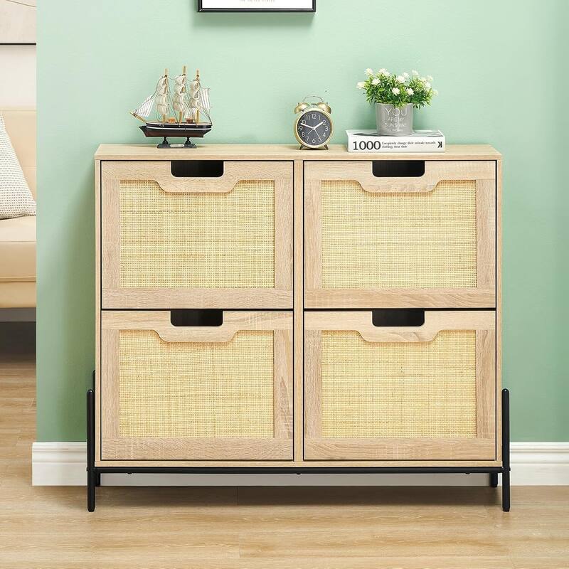 4-Door Freestanding Rattan Shoe Cabinet Organizer with Adjustable Shelves