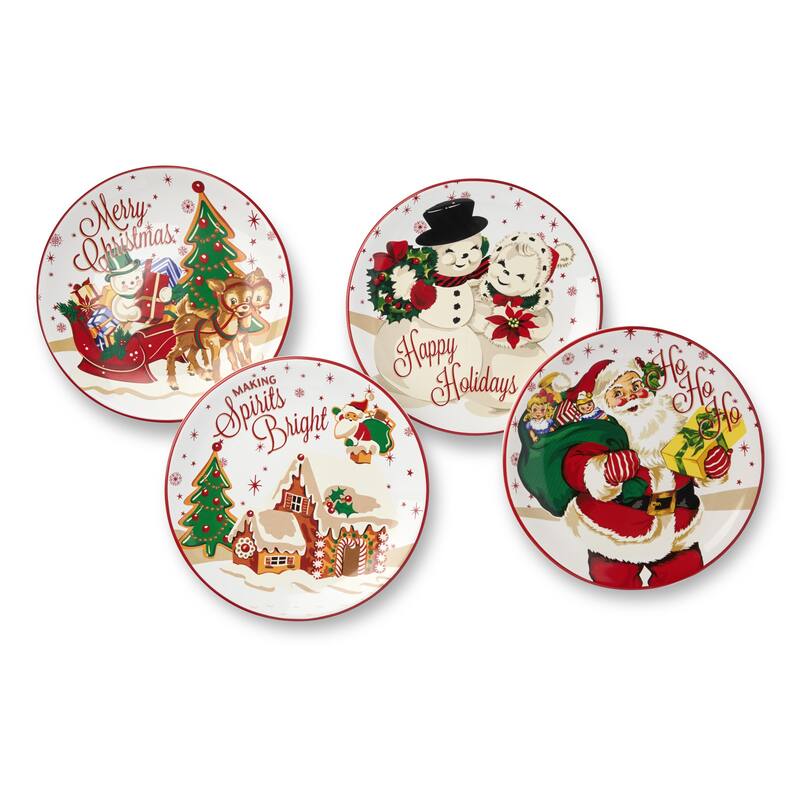 Certifed International Santa's Retro Christmas Set of 4 Dessert/Salad Plates 9" Assorted Designs - 9 L x 9 W x 0.875 H