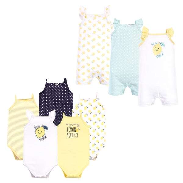 slide 1 of 1, Hudson Baby Infant Girl Cotton Bodysuits and Rompers, 8-Piece, Lemon 0 - 3 Months - Yellow