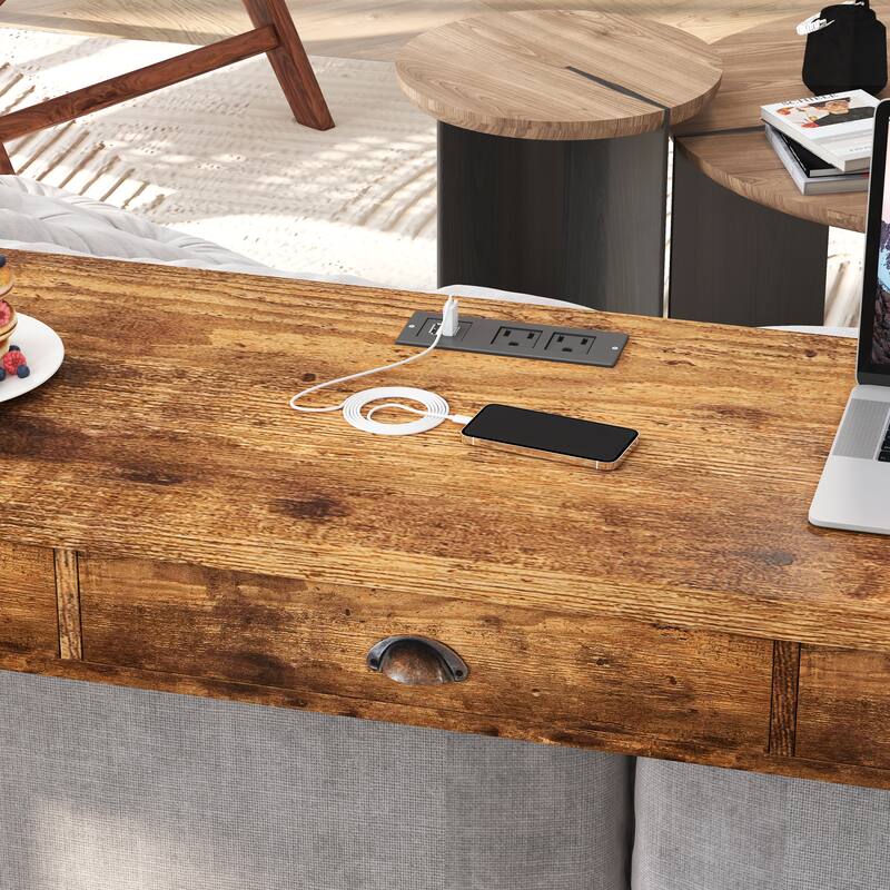 3-Drawer Long Dining Table Set with Power Outlets