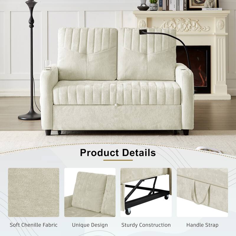 Chenille Loveseat Convertible Pull-out Sleeper Sofa Bed, Tufted Couch w2 Cup Holders Phone Holder & 3 USB Ports, Pockets