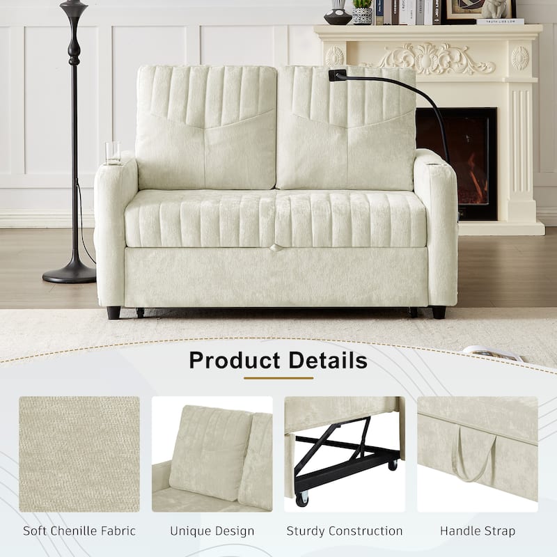 Multi-Functional Sleeper Sofa Pull-Out Loveseat with USB Charging, Sofa Bed with Adjustable Backrest and Storage Pockets