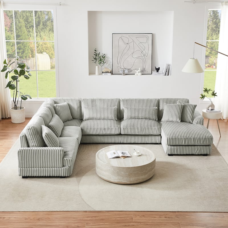 Oversized Stripe Couches Sofa U-shaped Sectional Sofa Corduroy Upholstered Couches with Lumbars Pillows and Chaise Lounge