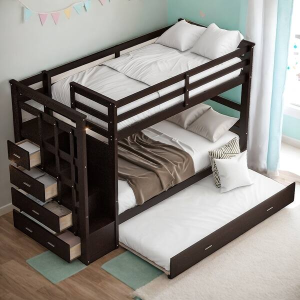 slide 2 of 13, Elegant Design Twin Over Twin Bunk Bed With Trundle And Staircase, Built-In Storage,Espresso Espresso