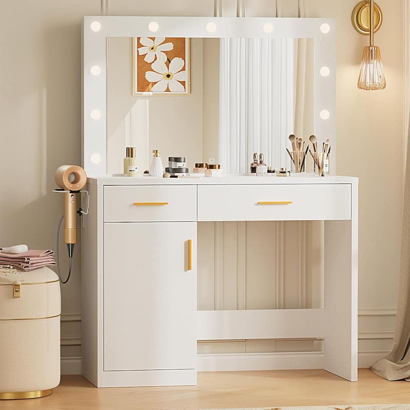 Rossetta Lighting Makeup Vanity Table with Side Hook and Power Outlets - White - 2-drawer