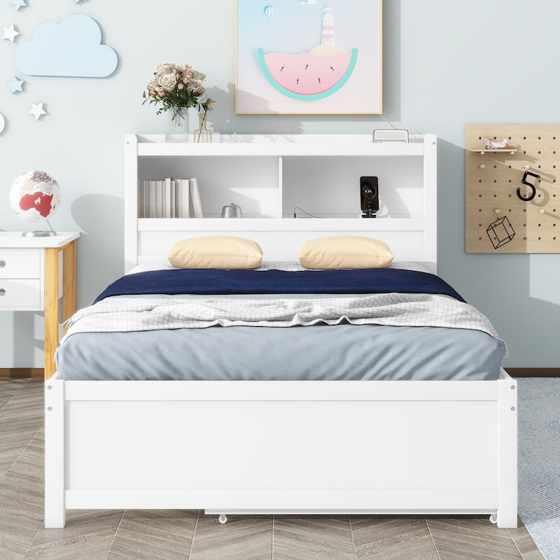 Full Size Platform Bed with Trundle, Drawers, USB Plugs, and Storage Shelves, White
