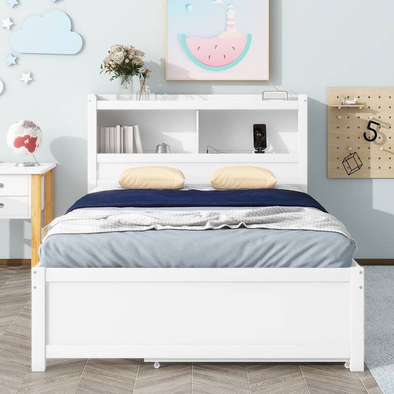 Full Size Platform Bed with Trundle and Storage Drawers, Wooden Bed