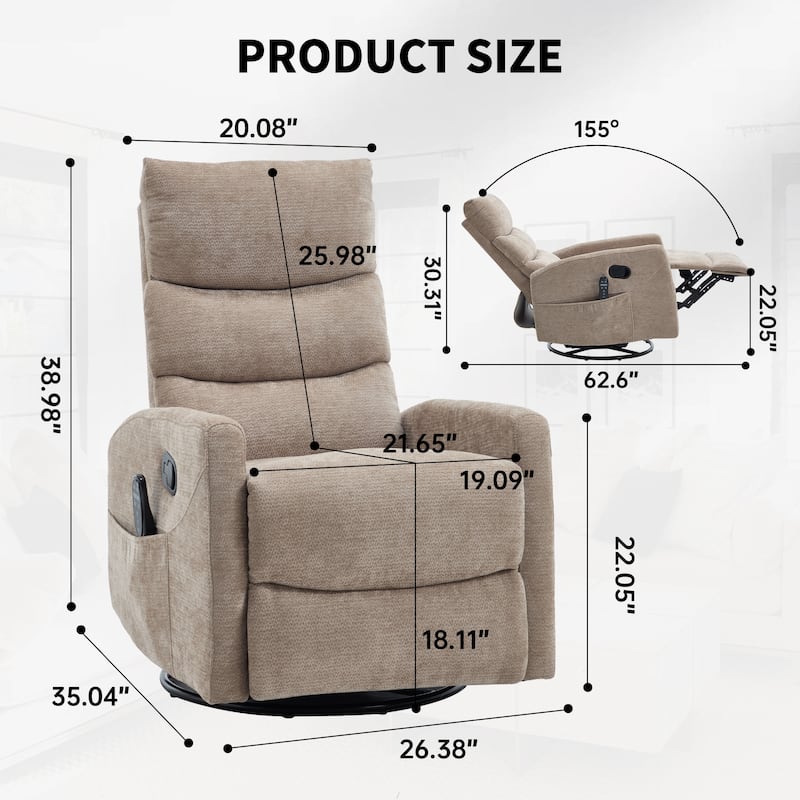 360° Swivel Rocking Recliner with Heat & Massage in Chenille Fabric