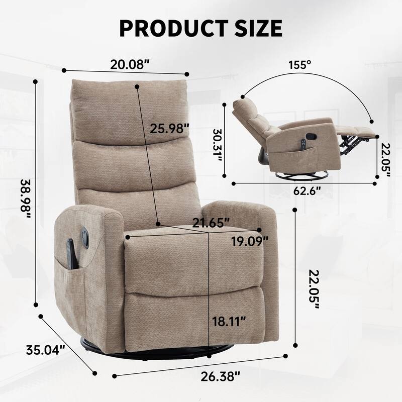Manual Recliner Chair with Heat & Massage, Fabric Upholstered Glider Recliner Chair, Swivel Recliner Chair with Side Pockets