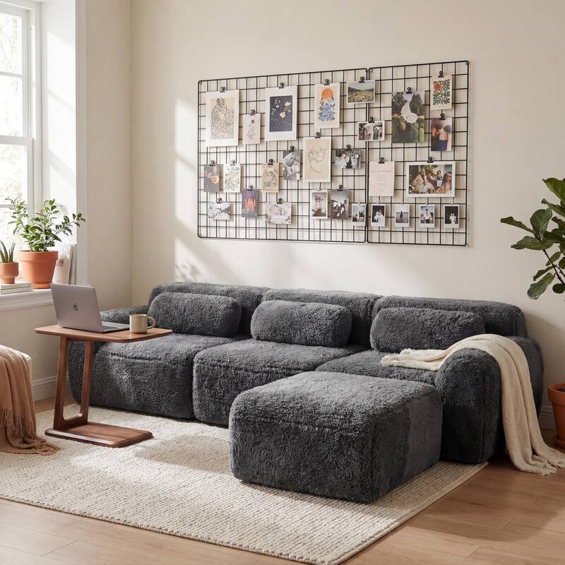 Homy Casa Modular Sectional Sofa, Dark Grey Plush Fabric with Non-Slip Base, No Assembly Living Room Couch with Pillows