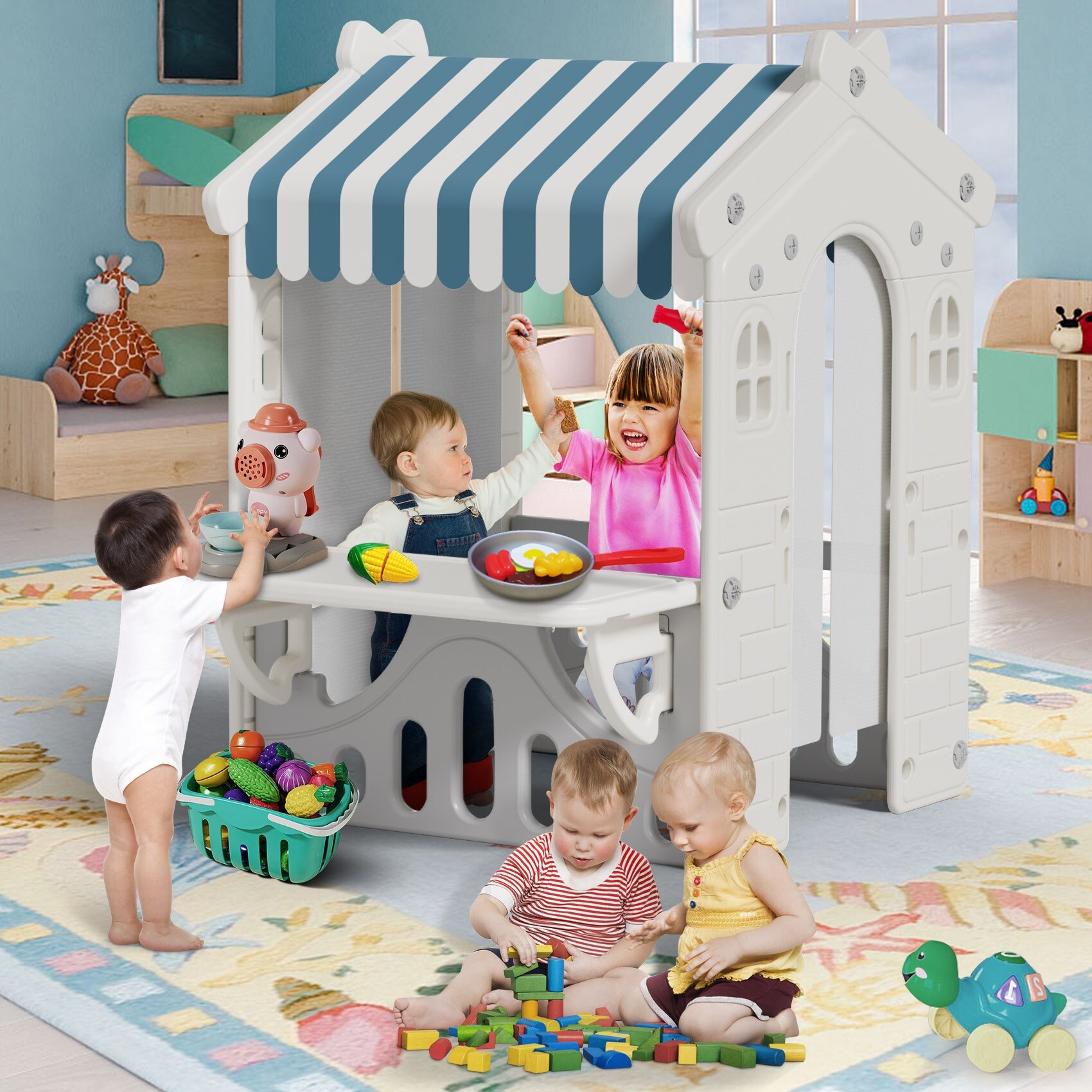 Blue Kids Playhouse with Cute Kids Pretend Play Kitchen Toys