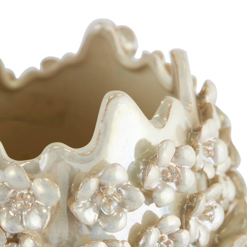 Ceramic Floral 3D Vase with Iridescent Glaze - Cream - Roche River Decor - 9"W x 9"L x 16"H